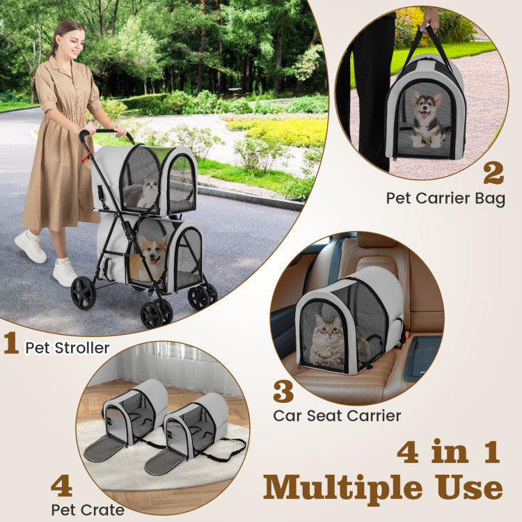 4-in-1 Double Pet Stroller with Detachable Carrier and Travel Carriage
