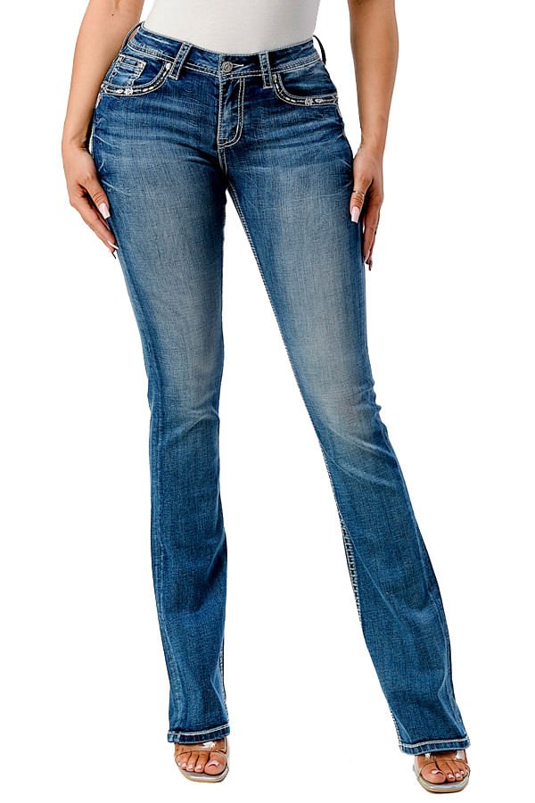 Grace in LA Women's Western Steer Head Embroidered Mid Rise Bootcut Jeans