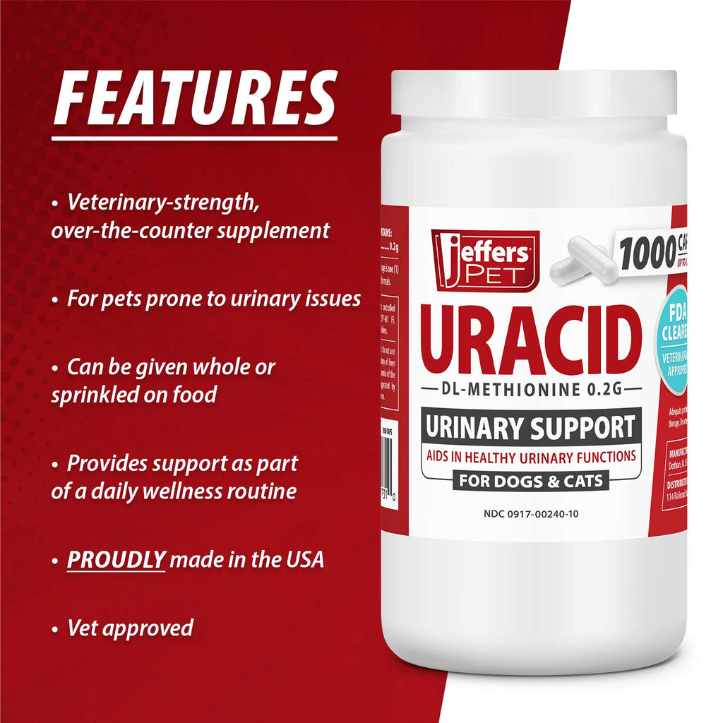 Jeffers Uracid DL-Methionine 0.2g Capsules for Dogs & Cats – Supports Urinary Tract, Reduces Urine Odor, Prevents Stones