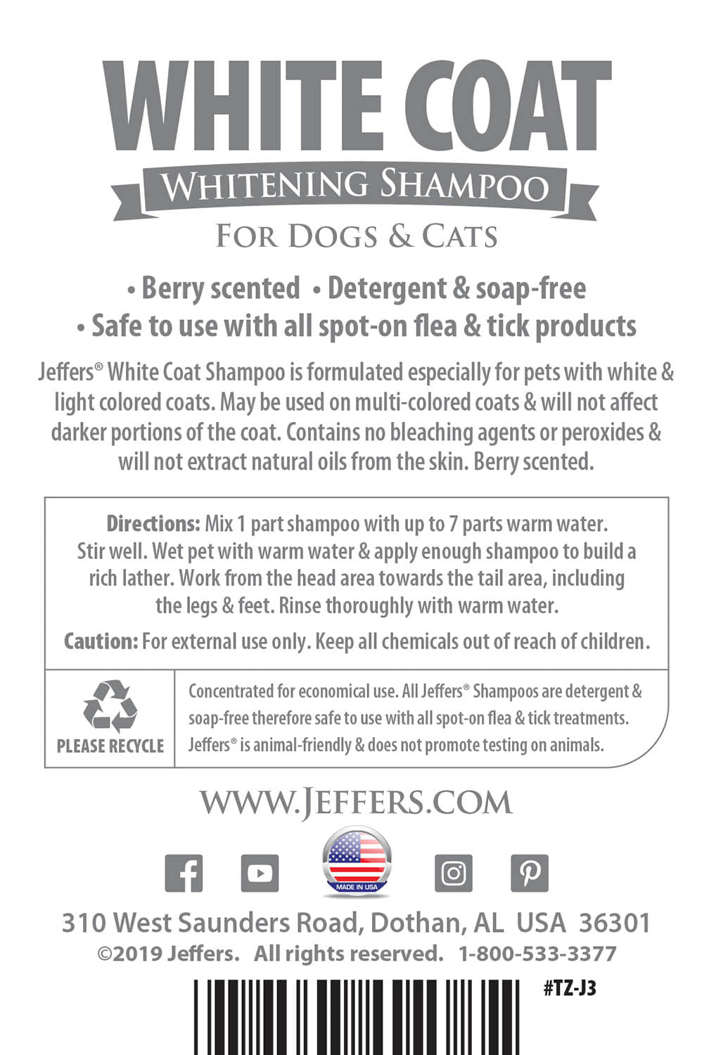 Jeffers Pet White Coat Whitening Dog & Cat Shampoo