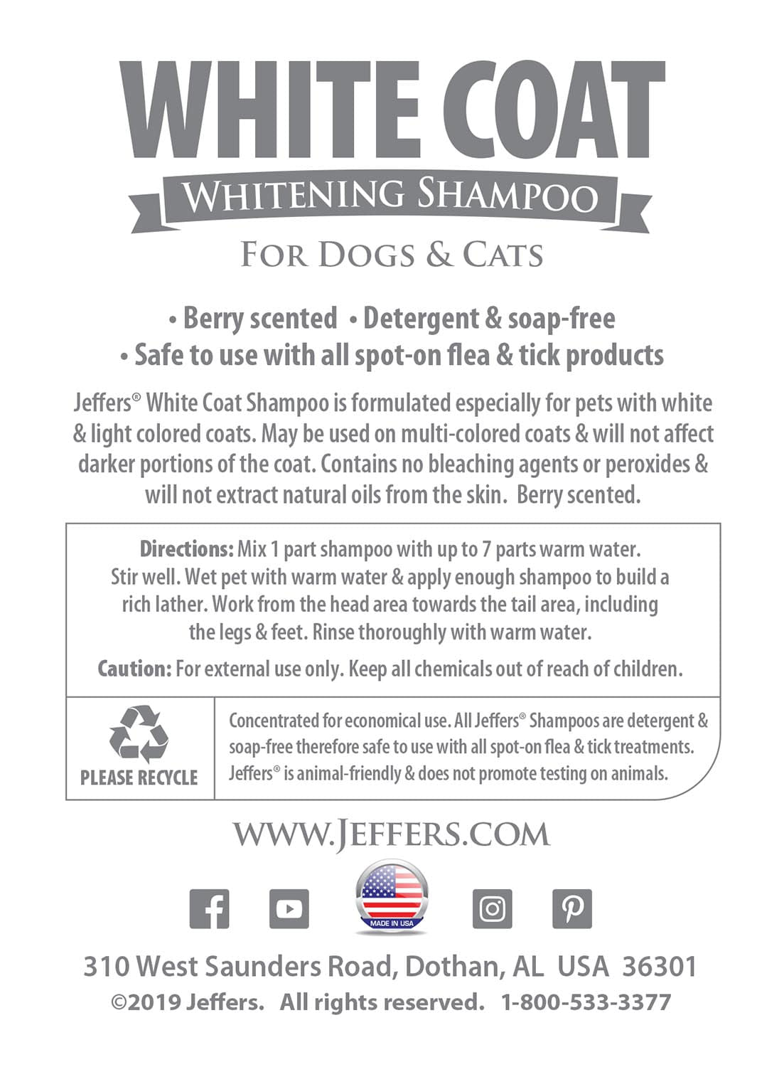 Jeffers Pet White Coat Whitening Dog & Cat Shampoo