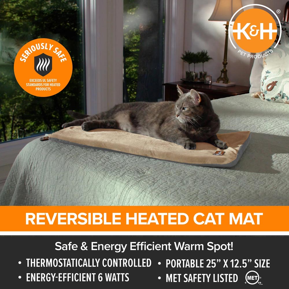 K&H Thermo-Kitty Mat Heated Cat Bed – Indoor Reversible Heated Cat Mat, Low-Wattage, Machine Washable, Cozy Nap Pad