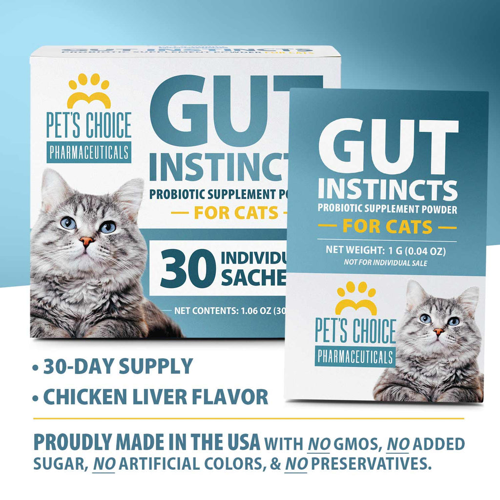 Pet’s Choice Gut Instincts Probiotic Supplement for Cats, Digestive & Immune Support, 30 Powder Packets, Made in USA